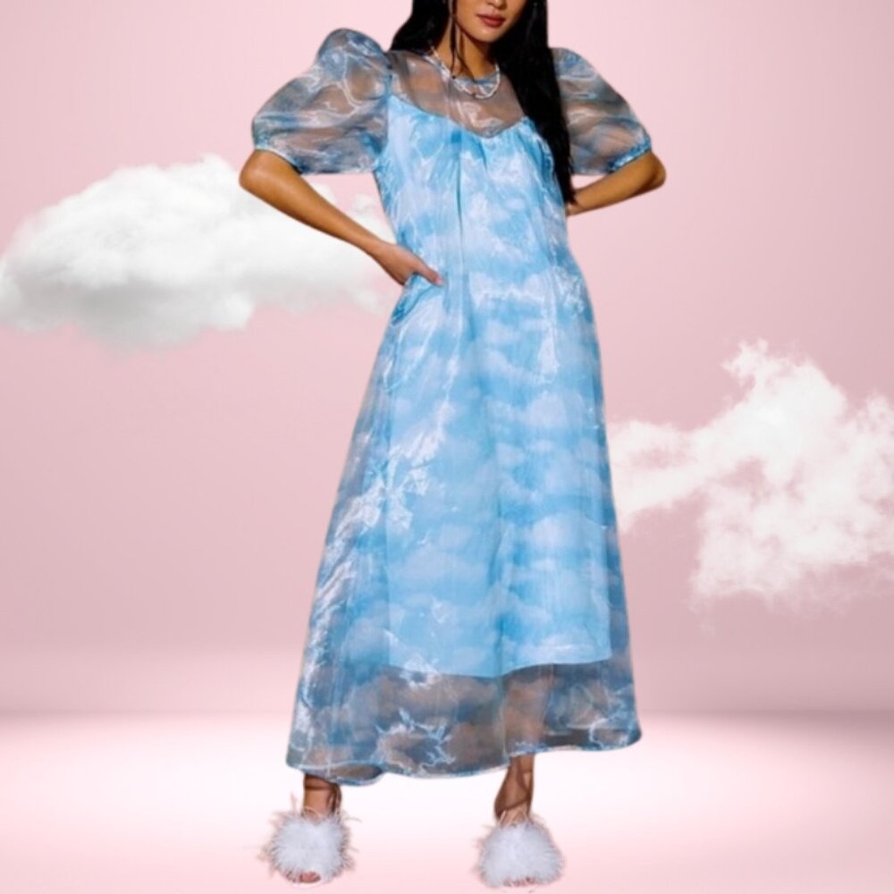 Blue Cloud Organza Puff Cap Sleeve Dress